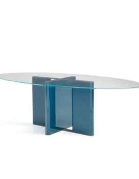 PRINCIPE, Oval table in extra-clear bevelled glass with legs available in lacquered versions