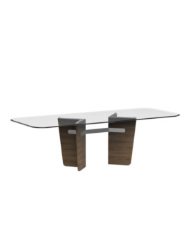 PRINCIPE, Rectangular table in extra-clear bevelled glass with legs in American Walnut wood