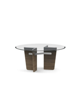 PRINCIPE, Round table in extra-clear bevelled glass and with legs in American Walnut wood
